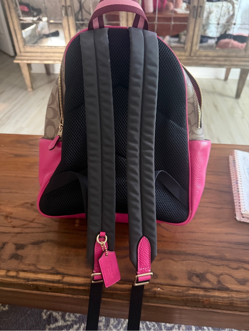 Coach Brown Signature Canvas Backpack with Hot Pink Leather Trim - Picture 4 of 5
